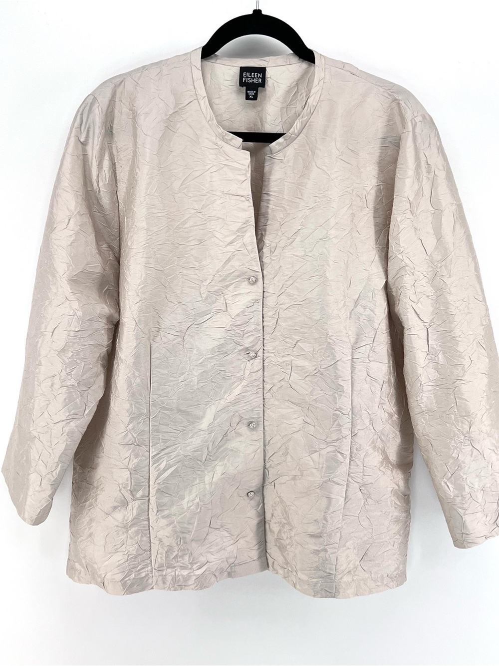 Eileen Fisher Silk Crinkle Jacket Sz XL Beige Lightweight Minimalist Lagenlook